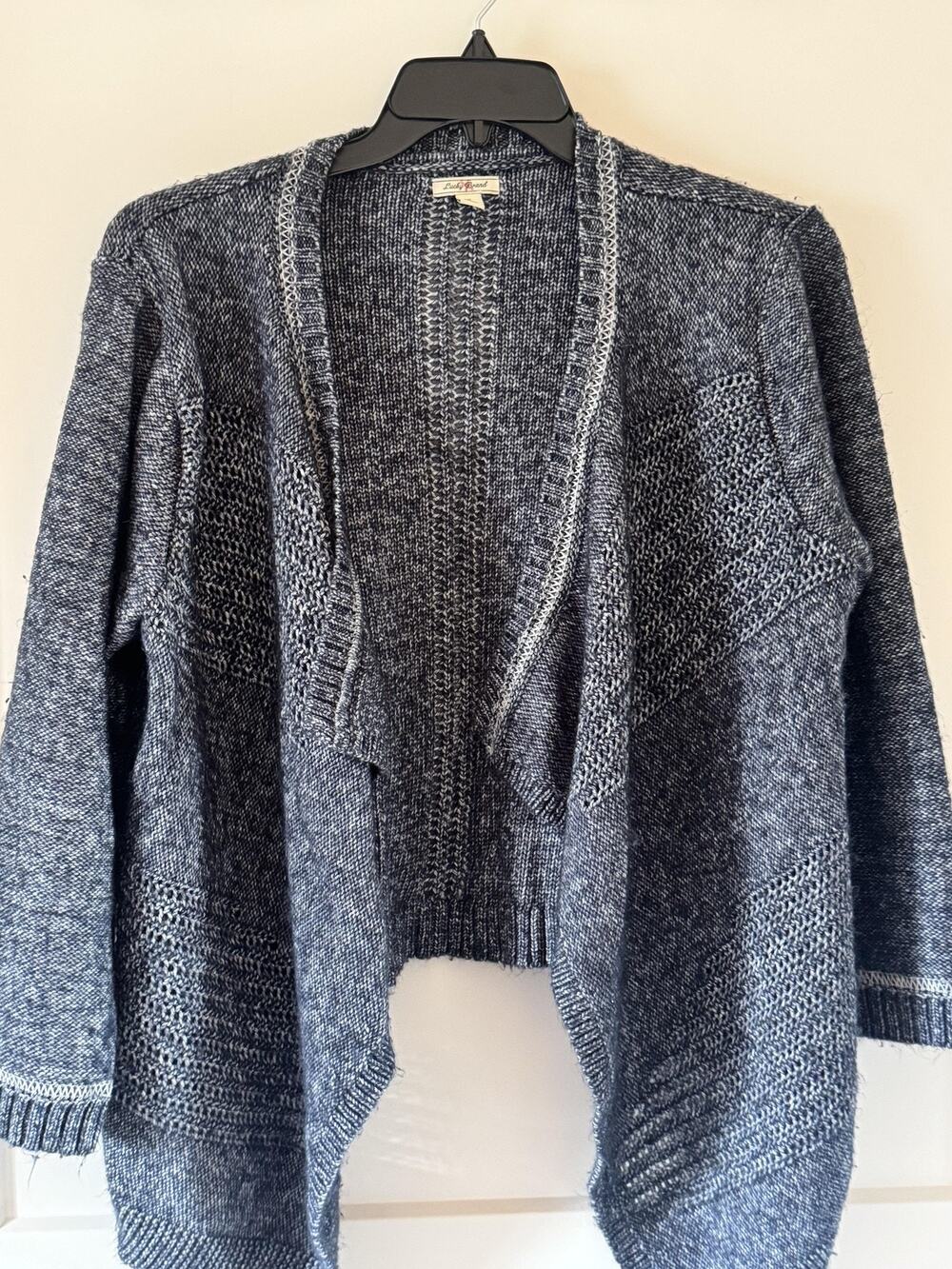 Lucky Brand Cardigan Sz XL Gray Open Front Knit Waterfall Hem Pockets Boho Warm